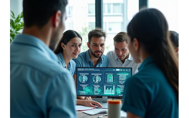 A diverse team collaborating on smart energy solutions with a background of green energy visuals.