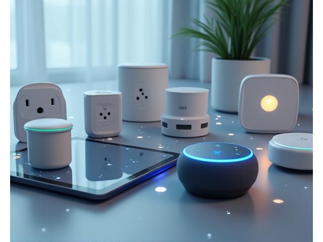 Smart home devices like thermostat, lights, and smart speaker connected via a central tablet